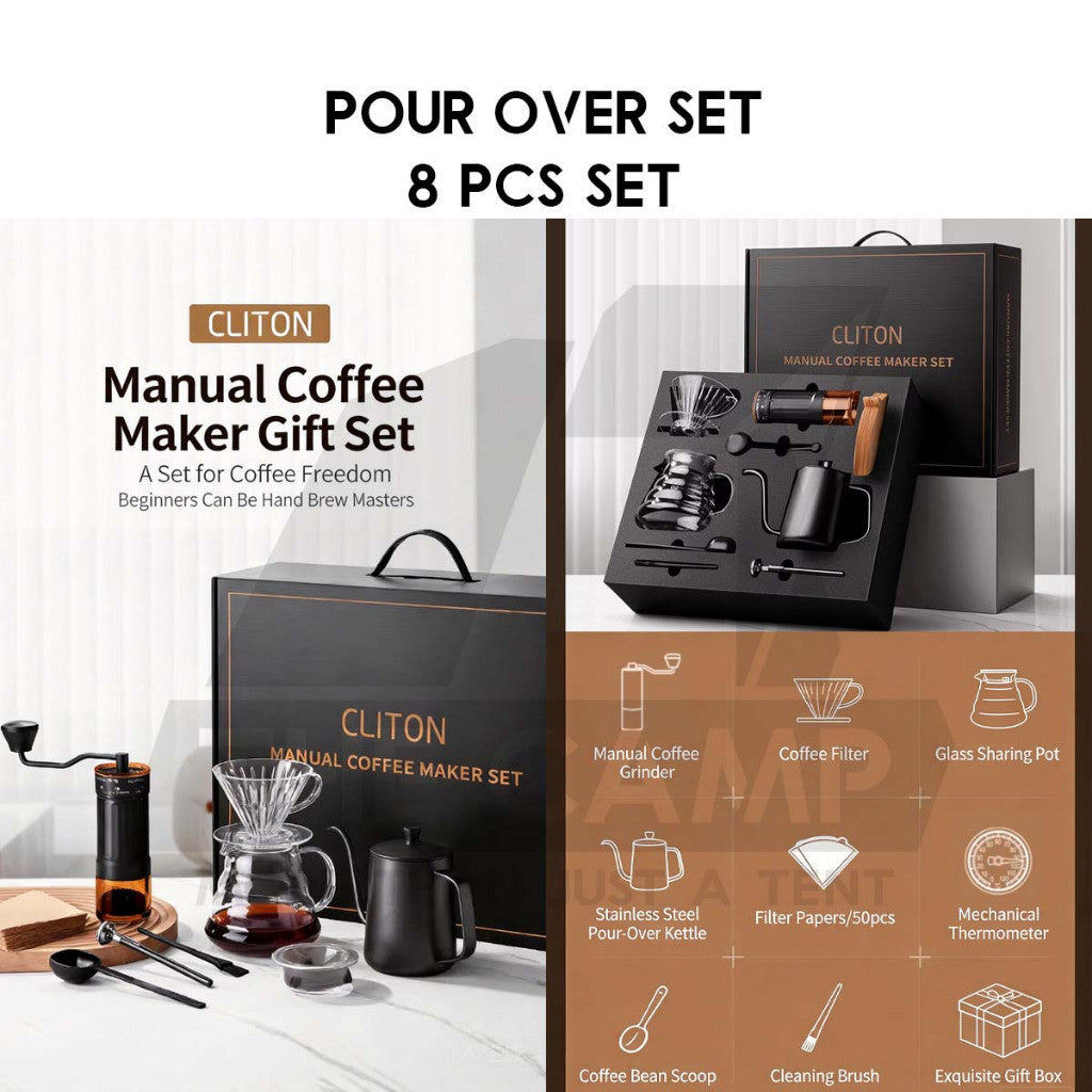 Cliton Pour Over Coffee Set Intermediate Gift Set 8 in 1 Drip Coffee Maker Dripper Set Barista Grinder Kettle CL-CFS18