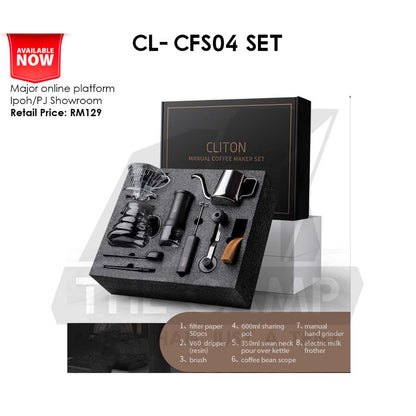 Cliton Pour Over Coffee Set Entry Level Gift Set 8 in 1 Drip Coffee Maker Dripper Set Barista Grinder Kettle CL-CFS04