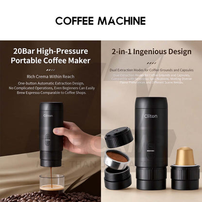 Cliton Expresso Coffee Maker Machine Set with Wood Stand Auto Grinder Capsule Ground Powder 2 in 1 20Bar CL-CFS27
