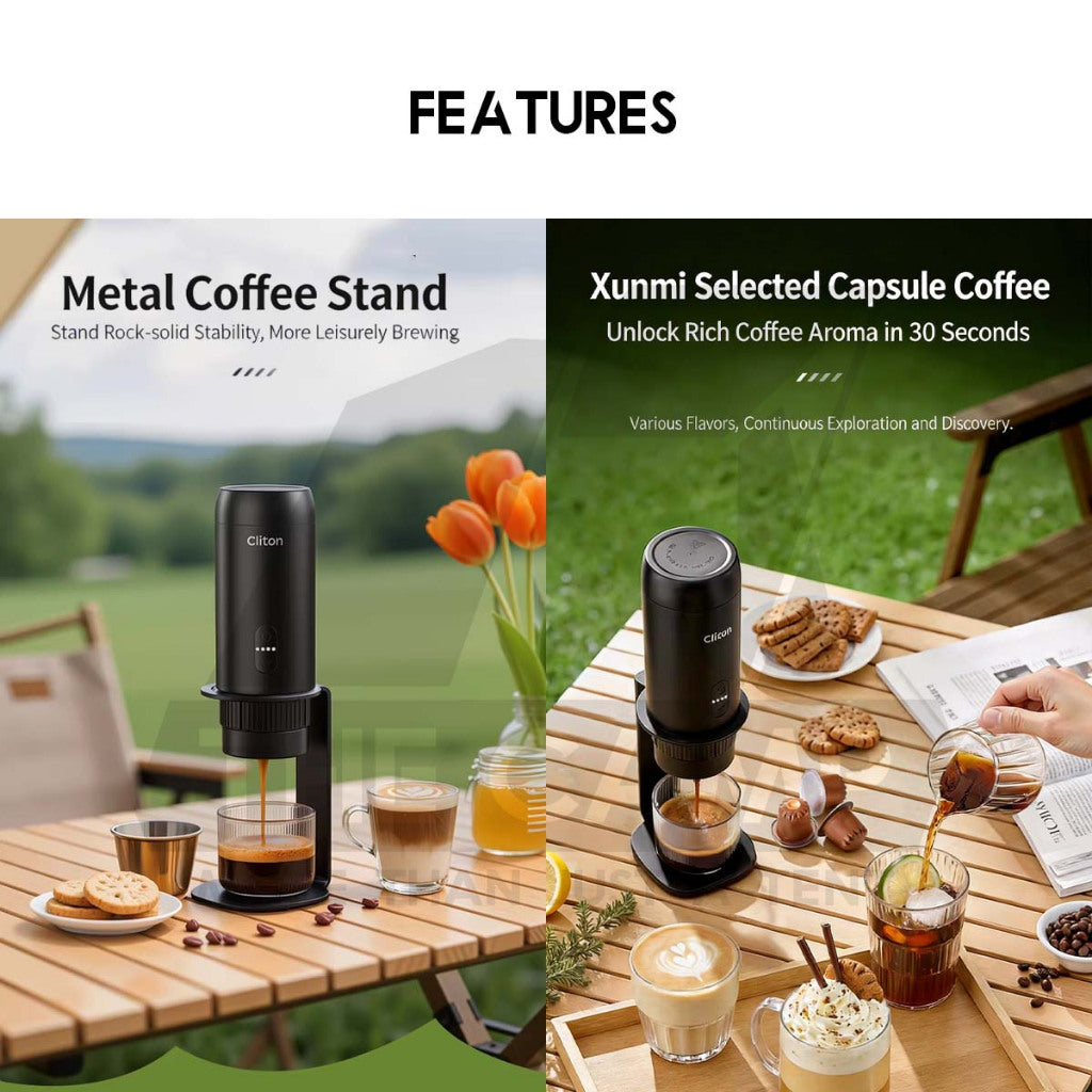 Cliton Expresso Coffee Maker Machine Outdoor Portable Set with Storage Bag Capsule Ground Powder 2 in 1 20Bar CL-CFS32