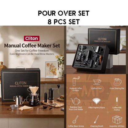 Cliton Pour Over Coffee Set Entry Level Gift Set 8 in 1 Drip Coffee Maker Dripper Set Barista Grinder Kettle CL-CFS04