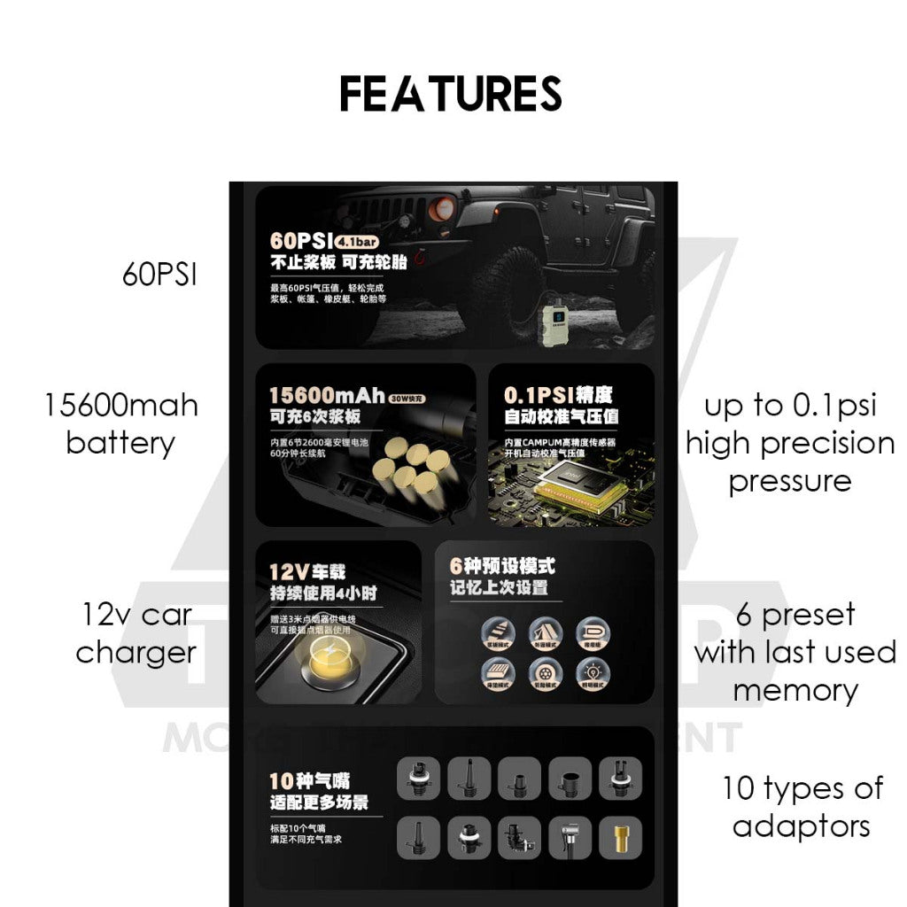 Campum STT01 Air Pump for Air Tent Inflate Deflate SUP Board Air Bed 60PSI 15600mah Portable Electric Car Plug