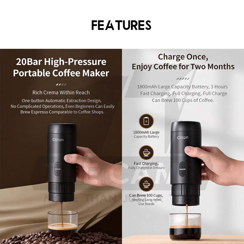 Cliton Expresso Coffee Maker Machine Outdoor Portable Set with Storage Bag Capsule Ground Powder 2 in 1 20Bar CL-CFS32