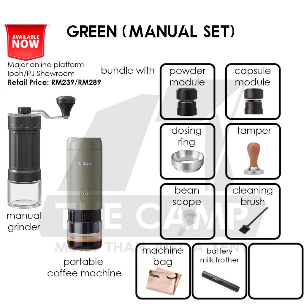 Cliton Espresso Coffee Maker Machine Set with Wood Stand Auto Grinder Capsule Ground Powder 2 in 1 20Bar