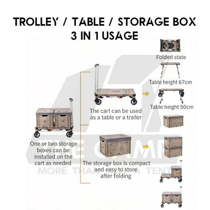 Camping Dog 3 in 1 Wagon Trolley Table Storage Box with Side Expansion 150kg Max Load Adjustable Table
