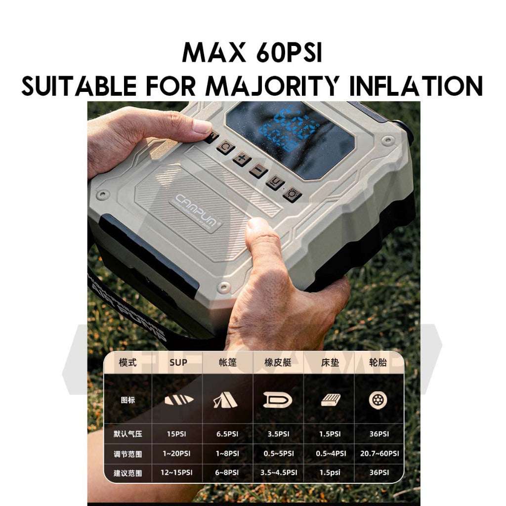 Campum STT01 Air Pump for Air Tent Inflate Deflate SUP Board Air Bed 60PSI 15600mah Portable Electric Car Plug