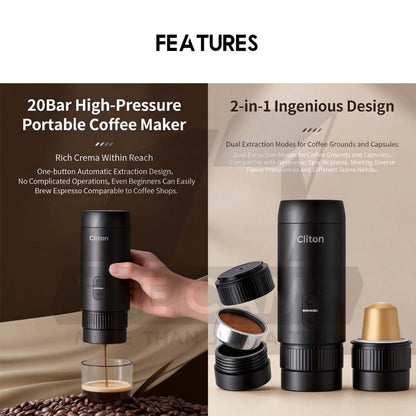 Cliton Expresso Coffee Maker Machine Outdoor Portable Set with Storage Bag Capsule Ground Powder 2 in 1 20Bar CL-CFS32