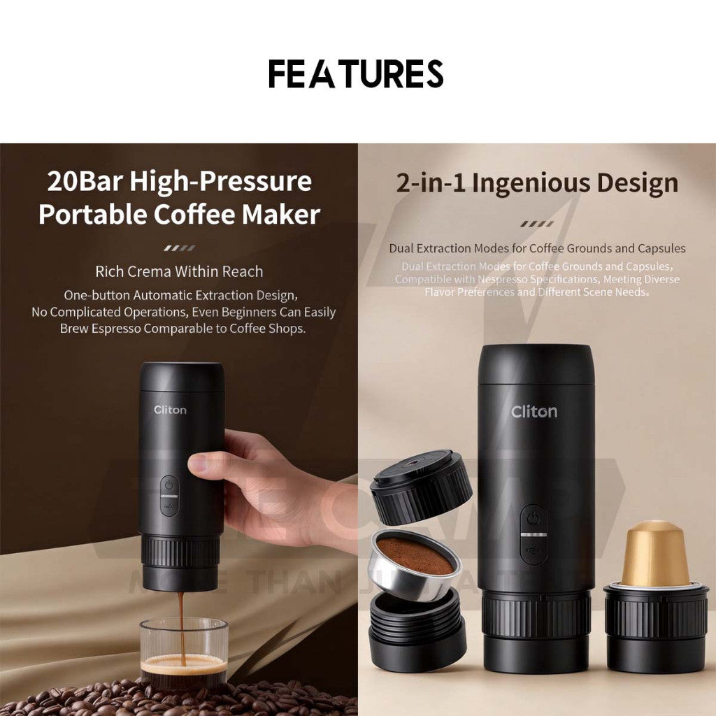 Cliton Espresso Coffee Maker Machine Set with Wood Stand Auto Grinder Capsule Ground Powder 2 in 1 20Bar