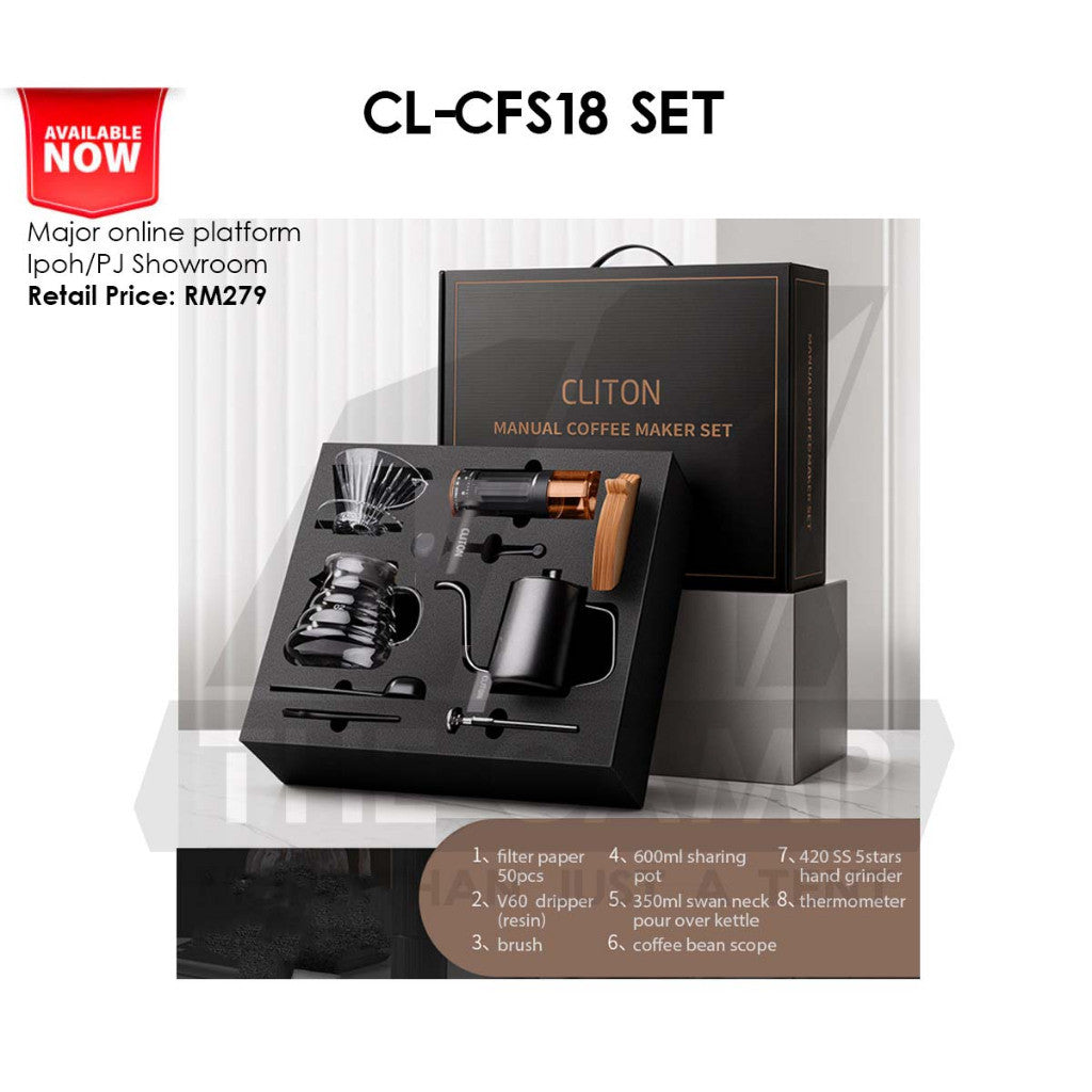Cliton Pour Over Coffee Set Intermediate Gift Set 8 in 1 Drip Coffee Maker Dripper Set Barista Grinder Kettle CL-CFS18