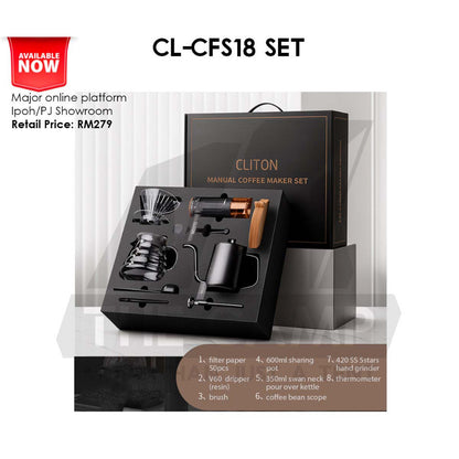 Cliton Pour Over Coffee Set Intermediate Gift Set 8 in 1 Drip Coffee Maker Dripper Set Barista Grinder Kettle CL-CFS18