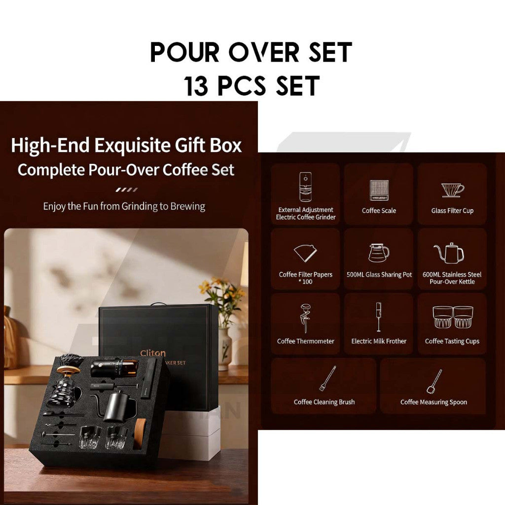 Cliton Pour Over Coffee Set Professional Gift Set 13 in 1 Drip Coffee Maker Dripper Set Barista Grinder Kettle CL-CFS15