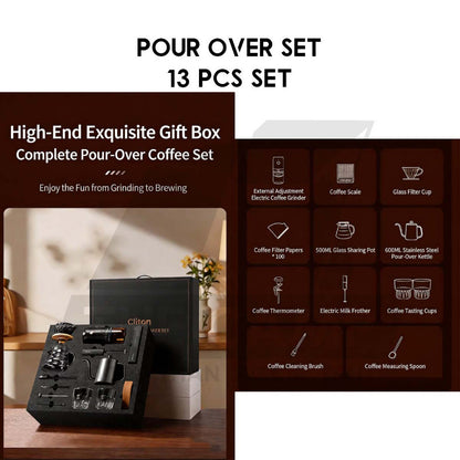 Cliton Pour Over Coffee Set Professional Gift Set 13 in 1 Drip Coffee Maker Dripper Set Barista Grinder Kettle CL-CFS15