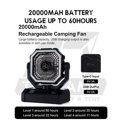 X11 Camping Fan 20000mah with Remote Control Portable Camping Rotate Oscillating Kipas with LED Light Hanging Desktop