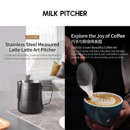 Cliton 600ml Black Milk Pitcher Steaming & Frothing Stainless Steel Coffee Latte Art Cup Coffee Pitcher