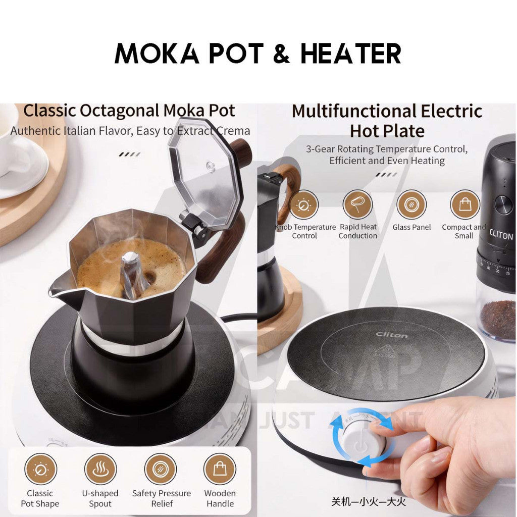 Cliton Moka Coffee Set with Electric Stove Heater Cup Filter Gift Box Italian Espresso Mocha Pot CL-CFS11