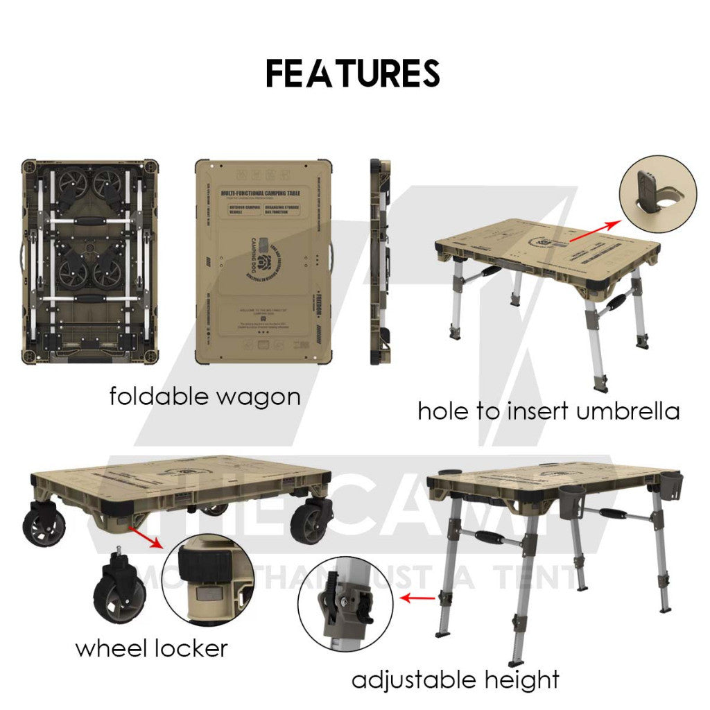 Camping Dog 3 in 1 Wagon Trolley Table Storage Box with Side Expansion 150kg Max Load Adjustable Table