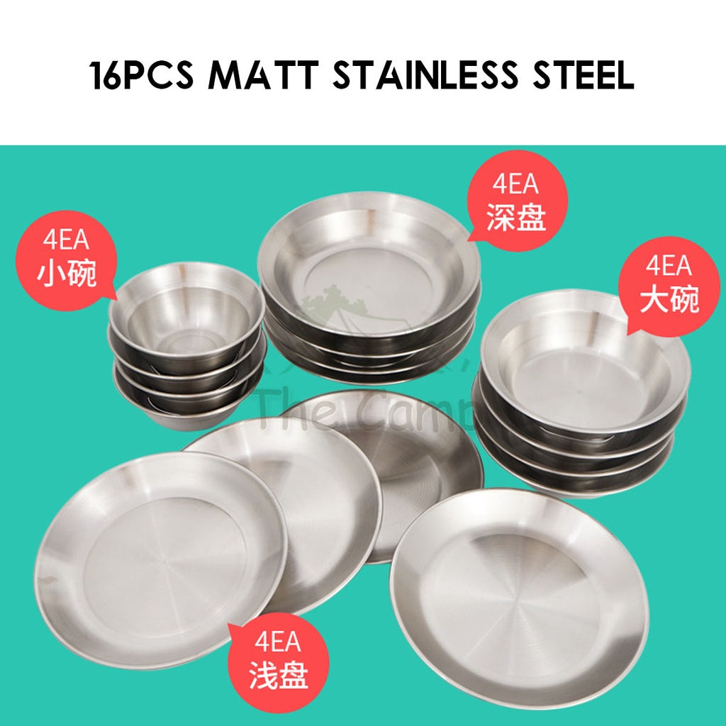 CLS 16 /17 / 22Pcs Stainless Steel Tableware Set Plate Bowl Camping Outdoor Portable Mess Kit Pinggan Mangkuk Tent Table