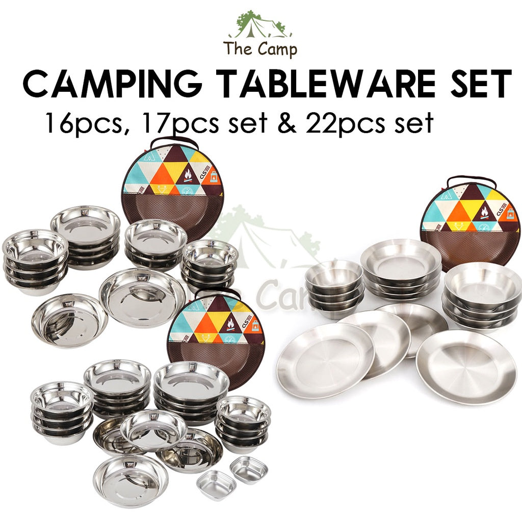 CLS 16 /17 / 22Pcs Stainless Steel Tableware Set Plate Bowl Camping Outdoor Portable Mess Kit Pinggan Mangkuk Tent Table