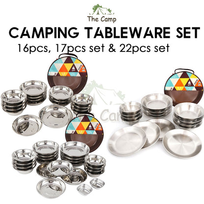 CLS 16 /17 / 22Pcs Stainless Steel Tableware Set Plate Bowl Camping Outdoor Portable Mess Kit Pinggan Mangkuk Tent Table