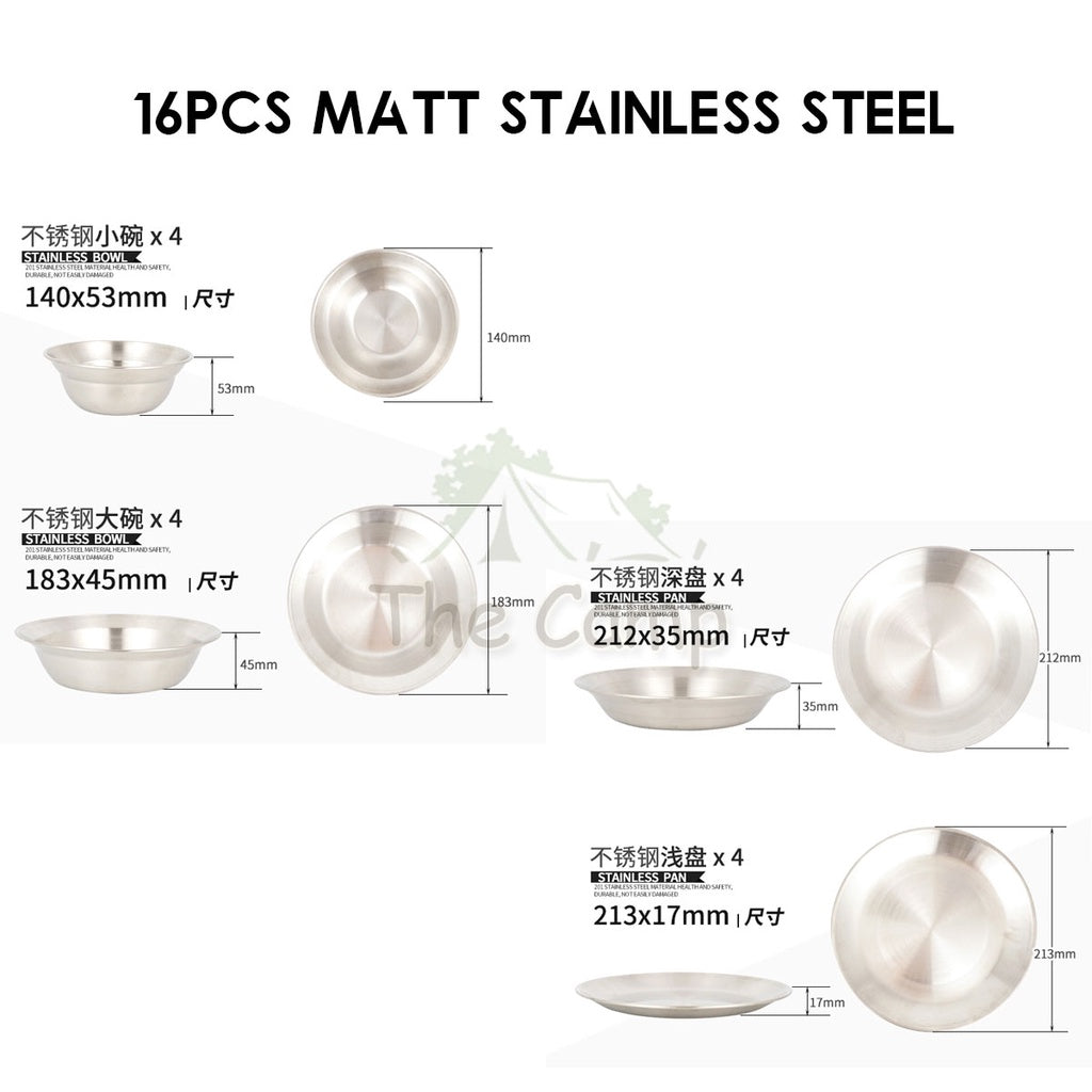 CLS 16 /17 / 22Pcs Stainless Steel Tableware Set Plate Bowl Camping Outdoor Portable Mess Kit Pinggan Mangkuk Tent Table
