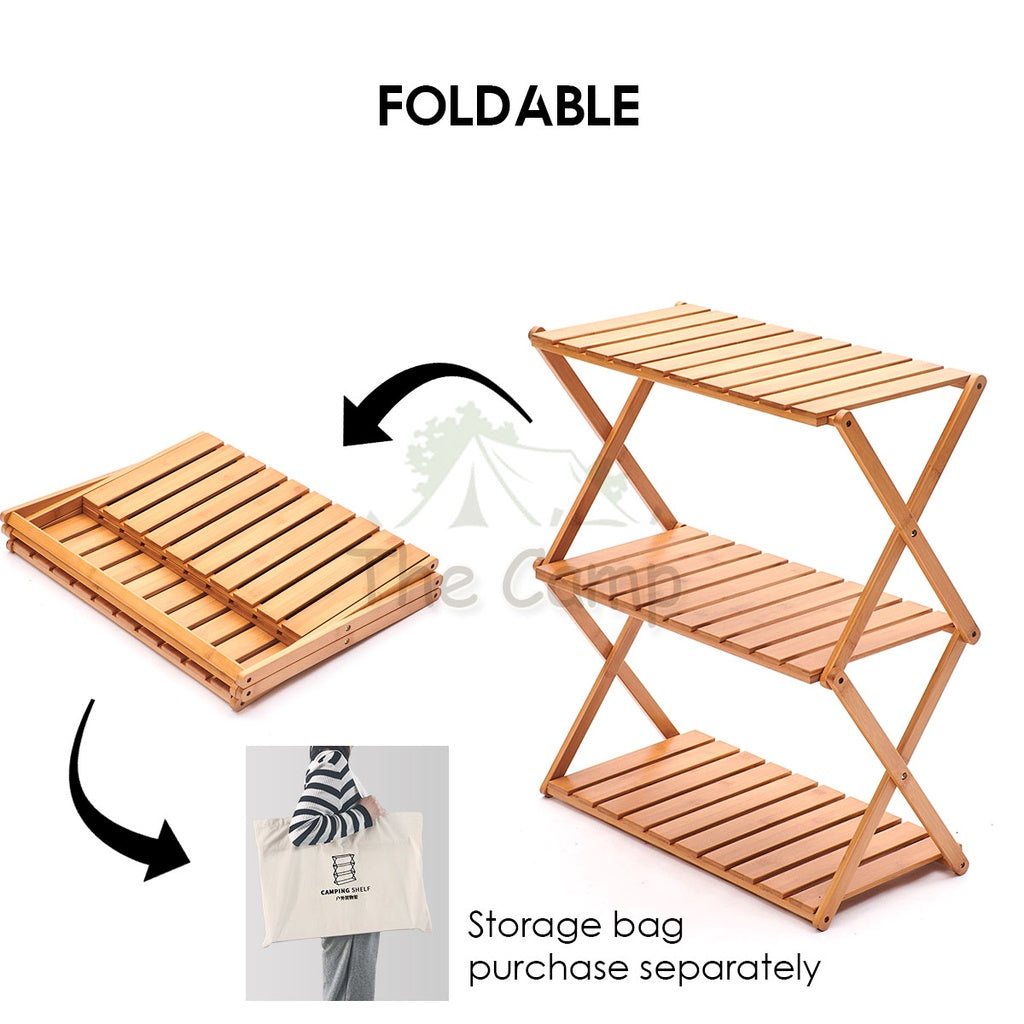 Outdoor Camping Multilayer Foldable Wood Shelf Portable Storage Rack Folding Multi 3 4 5 Layers Layer Bag with Hook