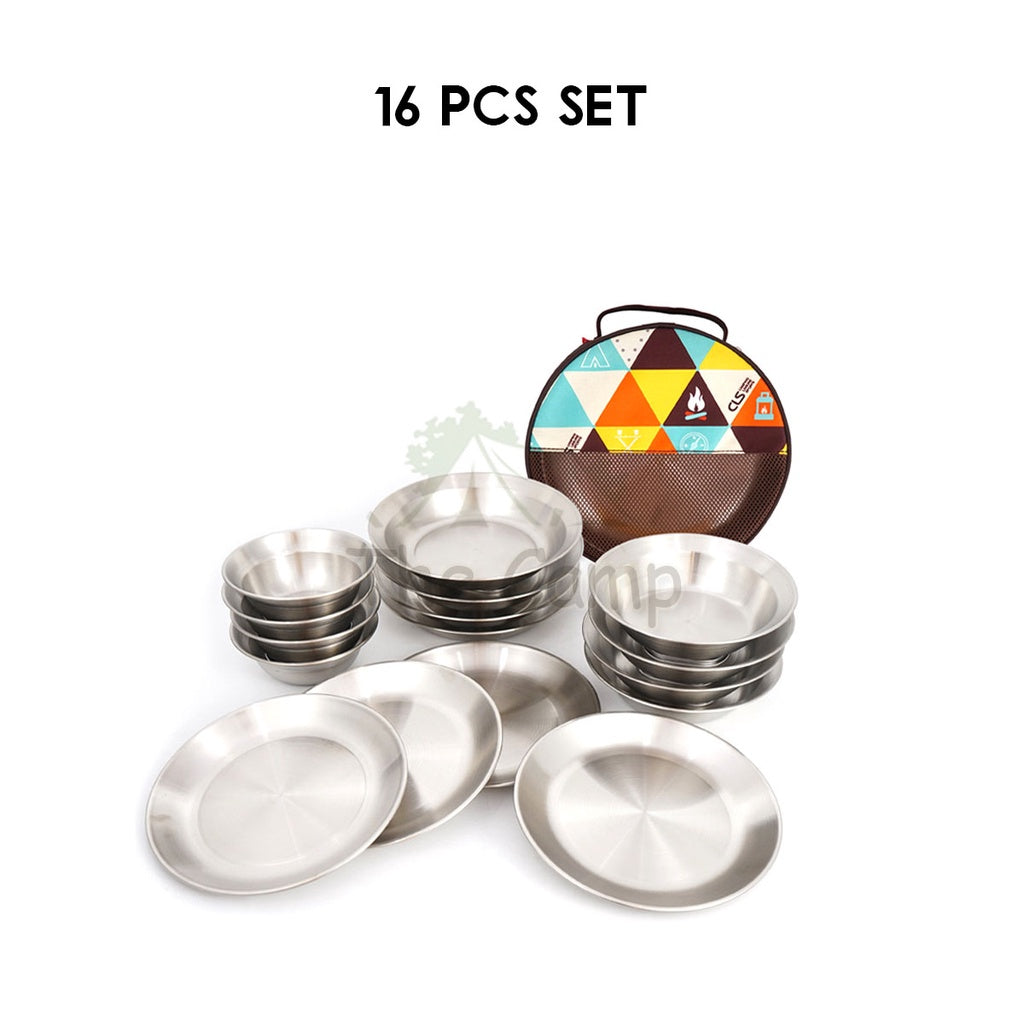 CLS 16 /17 / 22Pcs Stainless Steel Tableware Set Plate Bowl Camping Outdoor Portable Mess Kit Pinggan Mangkuk Tent Table