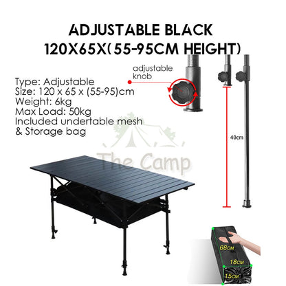 Outdoor Height Adjustable Folding Aluminium Table Portable All Terrain Foldable Camping Picnic BBQ Egg Roll