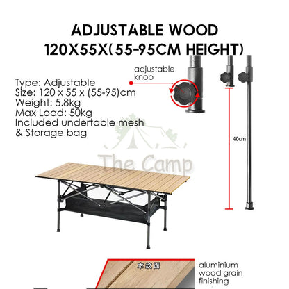 Outdoor Height Adjustable Folding Aluminium Table Portable All Terrain Foldable Camping Picnic BBQ Egg Roll