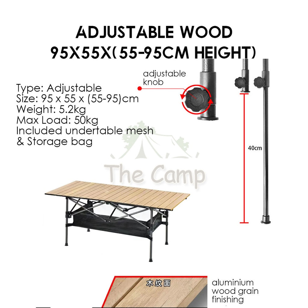 Outdoor Height Adjustable Folding Aluminium Table Portable All Terrain Foldable Camping Picnic BBQ Egg Roll