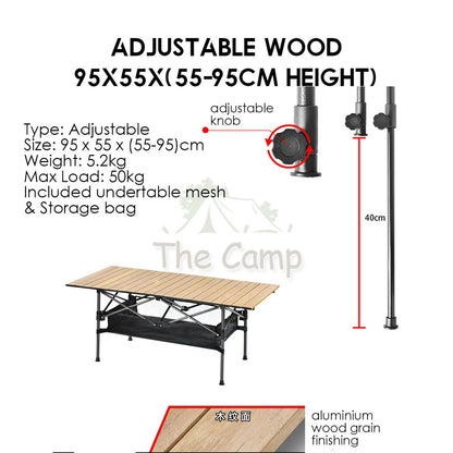 Outdoor Height Adjustable Folding Aluminium Table Portable All Terrain Foldable Camping Picnic BBQ Egg Roll