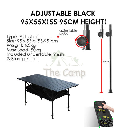 Outdoor Height Adjustable Folding Aluminium Table Portable All Terrain Foldable Camping Picnic BBQ Egg Roll
