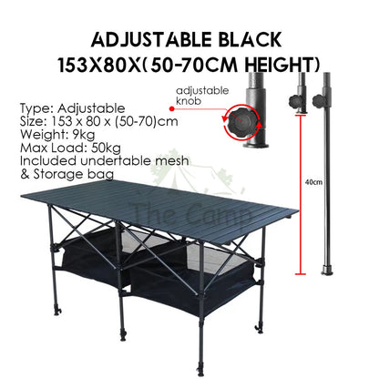 Outdoor Height Adjustable Folding Aluminium Table Portable All Terrain Foldable Camping Picnic BBQ Egg Roll