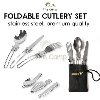 Foldable Cutlery Set Stainless Steel Outdoor Camping Spoon Fork Knife Tableware Kitchenware Bowl Plate Folding Stove Cup
