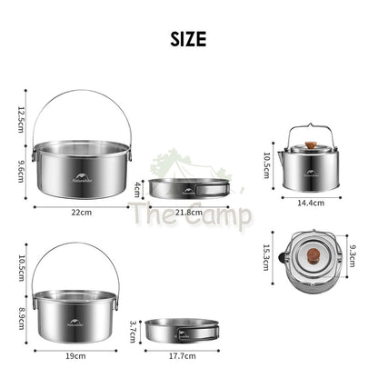 Naturehike 3 in 1 Cookware Set Cooking Set Pot Set Kettle Pan Pot Camping Outdoor Picnic Stainless Steel NH22CJ005