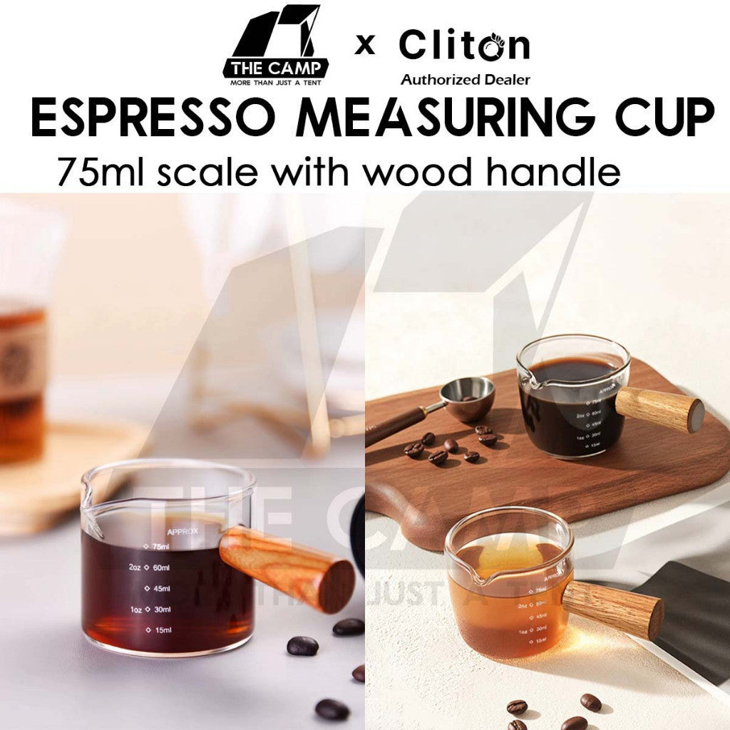 Cliton Espresso Measuring Cup Shot Glasses Single / Double Dual Spout Woodle Handle 75ml