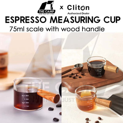 Cliton Espresso Measuring Cup Shot Glasses Single / Double Dual Spout Woodle Handle 75ml